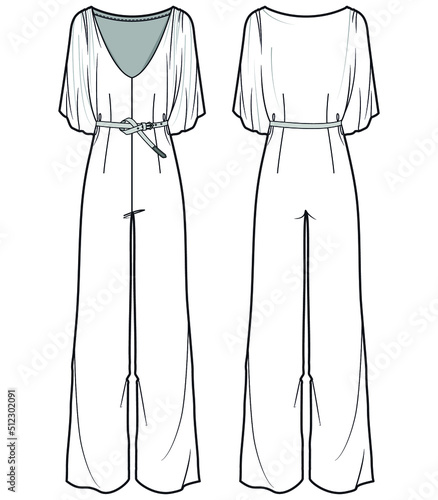 Women V-neck Jumpsuit with Belt Front and Back View Vector Fashion Illustration , CAD, Technical Drawing, Flat Drawing.