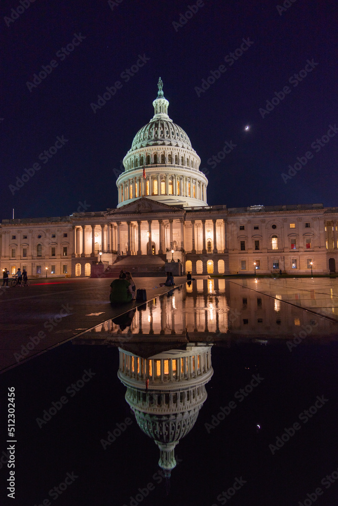 US Capitol Dome and Half Moon Reflected on Water Feature in the Square