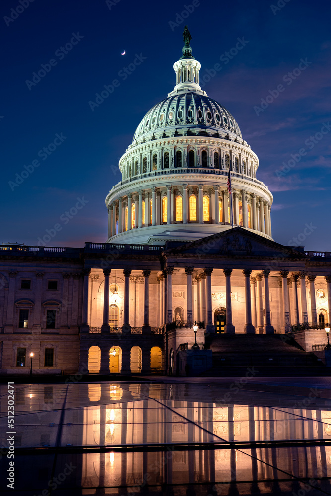 View of the East Entrance of the US Capitol and Dome Reflected on the Square Fountains