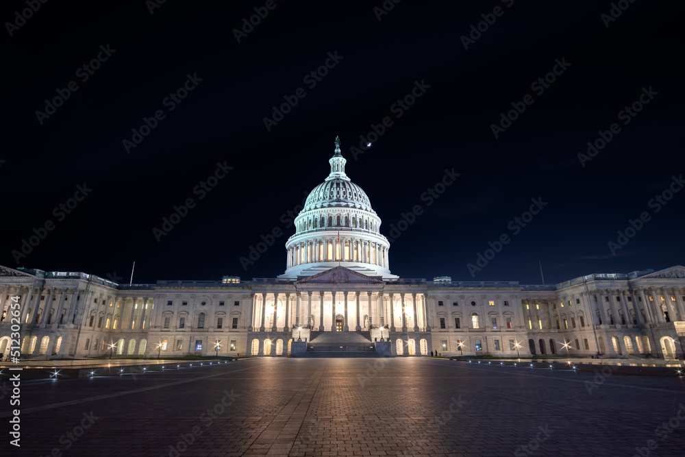 Long Exposure View of the East Entrance to the US Capitol Building With Moon in the Sky