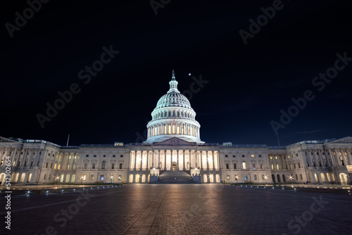 Long Exposure View of the East Entrance to the US Capitol Building With Moon in the Sky