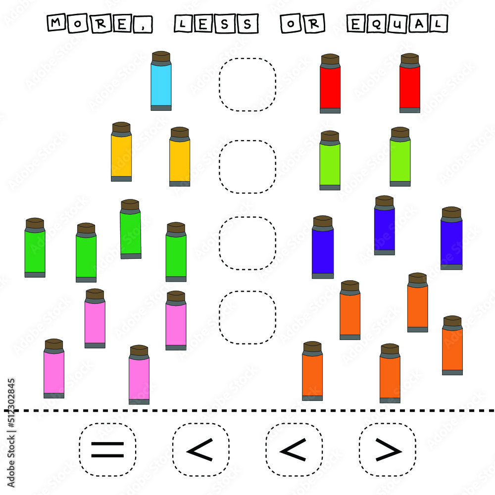 math problem: Greater, less, or equal. Count the number of tubes of paint and compare. Educational math game for children.
math problem: Greater, less, or equal. Count the number of tubes of paint and compare. Educational math game for children.