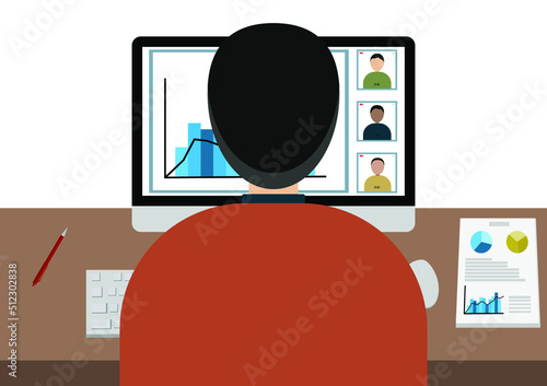 teleconference concept. men with team online meeting through computor. pen and document on  table. vector illustration isolate background. teleconference, meeting, document,computor.  