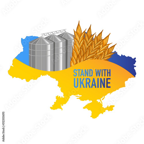 Ukraine crisis. Wheat Storage Elevators behind Ears of Wheat and Sunflower decorated with Ukrainian Flag. 