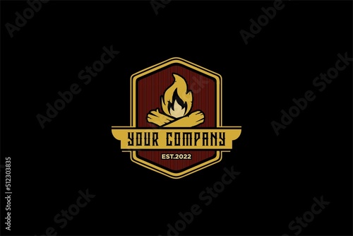 Vintage Grill Barbeque with fire flame logo design