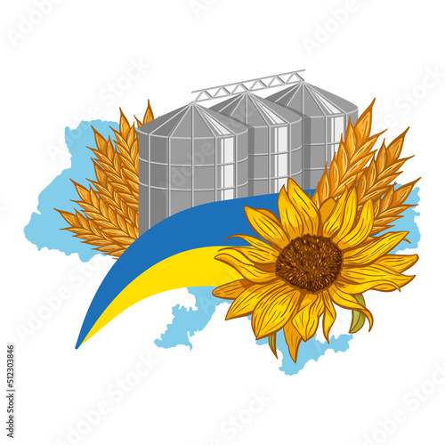 Ukraine crisis. Wheat Storage Elevators behind Ears of Wheat and Sunflower decorated with Ukrainian Flag. 