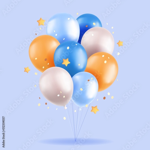 3d balloons, realistic colorful bunch of pink and yellow air balloons, stars and confetti on blue background. Birthday greetings, baby shower, grand opening festive concept. Vector illustration