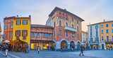 Panorama of medieval houses on Piazza del Mercato del Grano (Grain Market Square) of Como, Italy