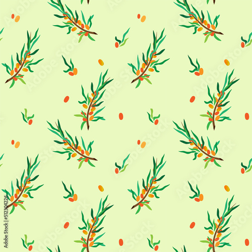 Organic sea buckthorn seamless pattern vector illustration. Twigs with berries and leaves, background. Template with orange fresh berries for wallpaper, fabric, packaging.