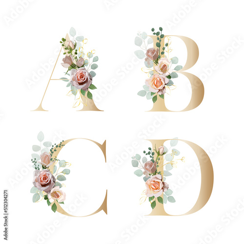 Floral Alphabet. Set letters with a botanical bouquet. Vector illustration.