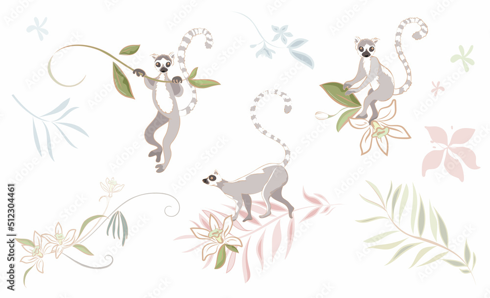 Hand drawn lemurs on a tree brunch with vanilla flowers and leaves Vector clipart on white background isolated.. Three realistic cute lemurs in different poses