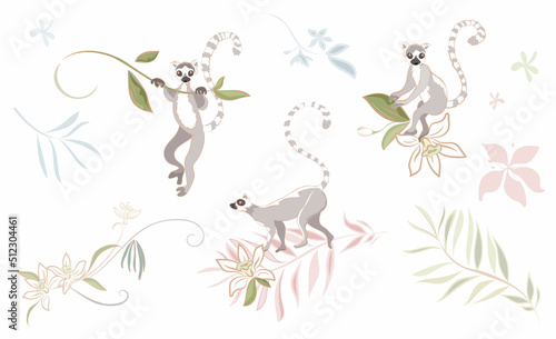 Hand drawn lemurs on a tree brunch with vanilla flowers and leaves Vector clipart on white background isolated.. Three realistic cute lemurs in different poses