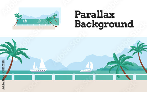 Foto Parallax effect scene with seafront, coast line embankment with palm