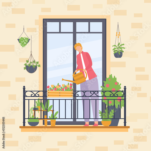 People take care home plants on balcony