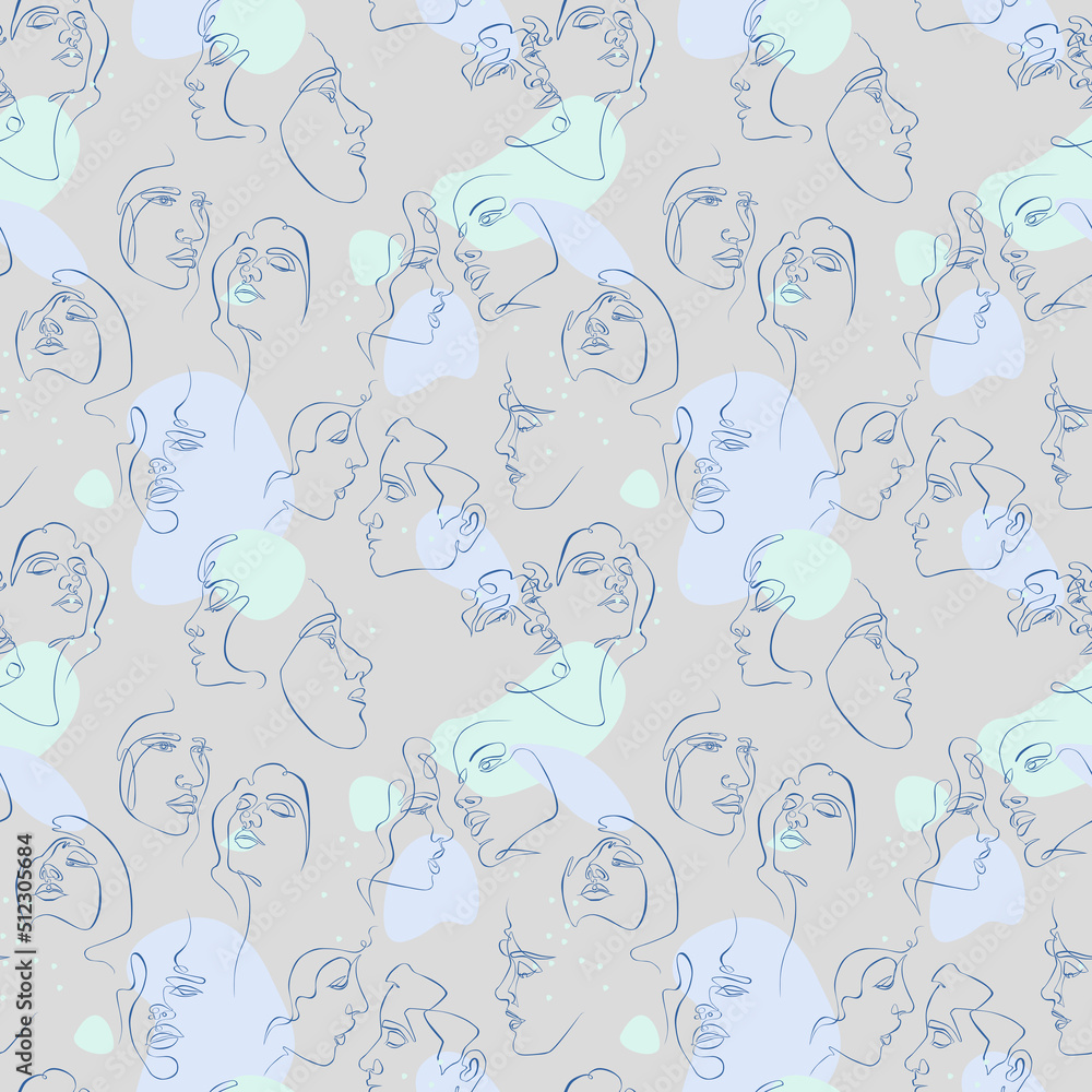 One line face seamless pattern. Abstract woman and man faces. Grey background One line face seamless pattern. Abstract woman and man faces. Grey background