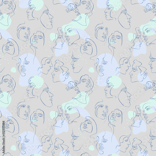 One line face seamless pattern. Abstract woman and man faces. Grey background