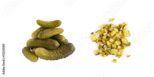Diced Pickled Gherkins or Chopped Cucumbers Isolated on White photo