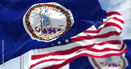 The Virginia state flag waving along with the national flag of the United States of America photo