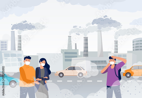 People wearing air pollution masks, smog and mist