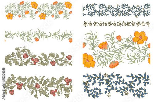 A set of 8 floral vector seamless borders.