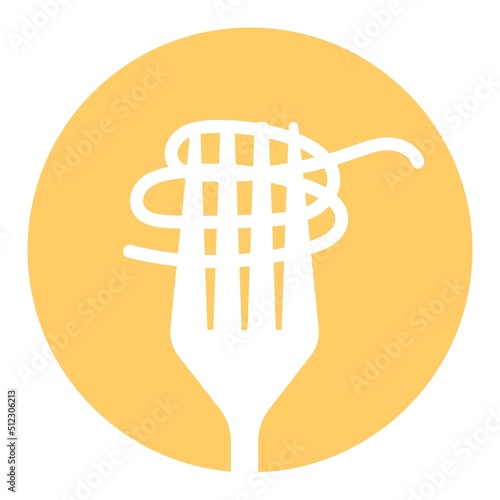 Pasta roll on the fork. Italian pasta with fork silhouette. Black fork with spaghetti on the yellow background. Hand holding a fork with spaghetti.