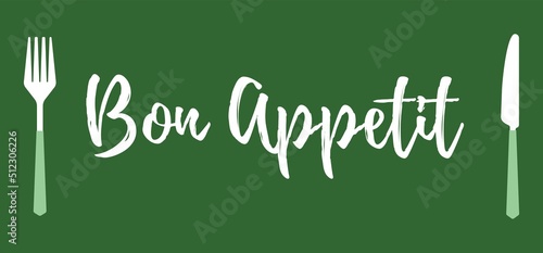 Bon appetit writing with fork and knife. Cutlery fork and spoon with plants. vector sketch. hand drawing isolated