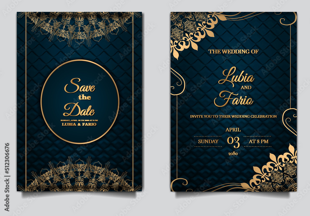 Naklejka premium luxury wedding invitation card embossed paper template design set