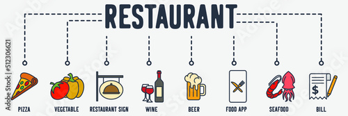 Restaurant banner web icon. pizza, vegetable, restaurant sign, wine, beer, food app, seafood, bill vector illustration concept.
