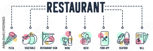 Restaurant banner web icon. pizza, vegetable, restaurant sign, wine, beer, food app, seafood, bill vector illustration concept.
