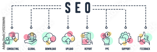 SEO optimization banner web icon. online consulting, global solution, download, upload, report, pay per click, technical support, feedback vector illustration concept.