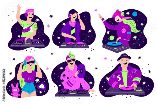 DJ characters. Young guys and girls with turntables. Techno and electronic music. Discotheque mixer. Fancy party people. Disco club. Dancing persons with headphones. Garish vector set