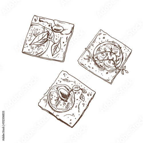 Vintage hand drawn sketch style crisp bread  set.  Toasts with tomatos, herbs, olives and cheese on white background. Vector illustration. Icons and elements for print, web, mobile and infographics.