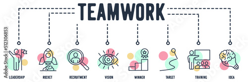 Teamwork banner web icon. leadership, mission rocket, recruitment, vision, winner, target, training, idea vector illustration concept.