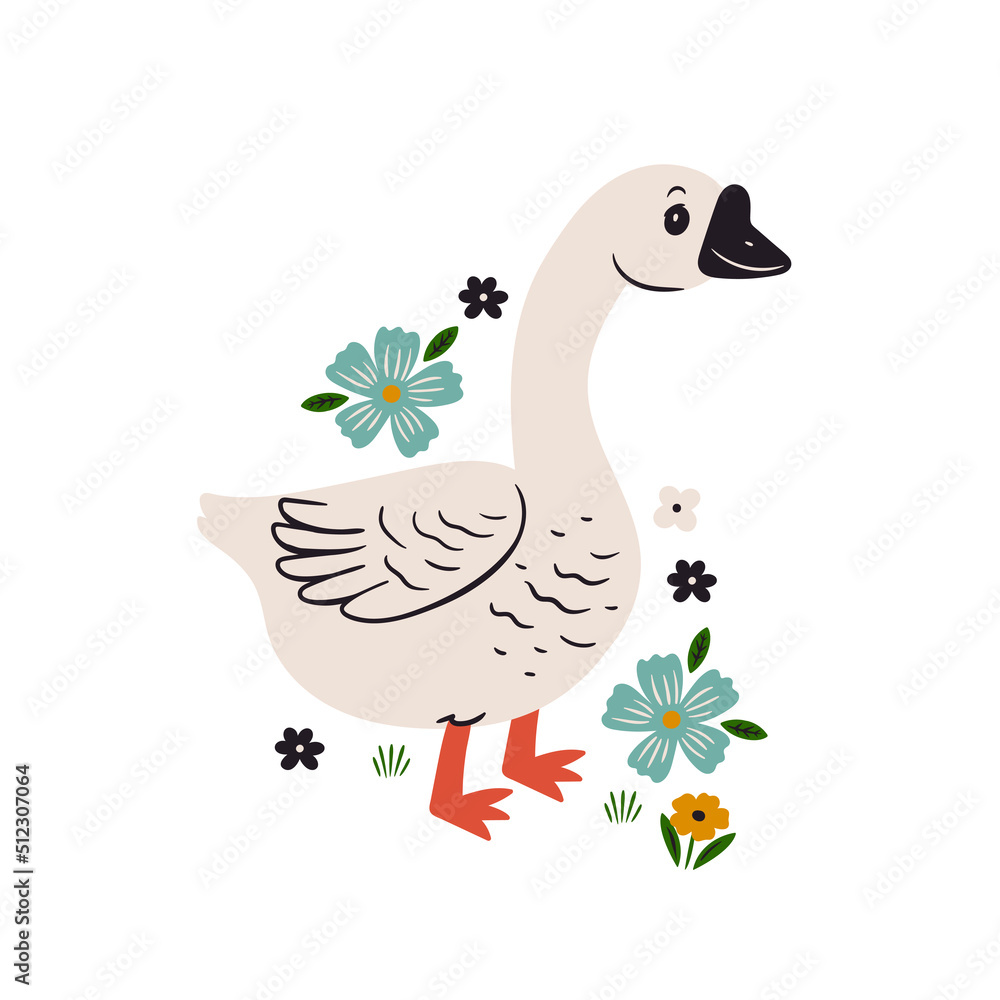 Cute goose and flowers isolated on white background. Vector graphics. Cute goose and flowers isolated on white background. Vector graphics.