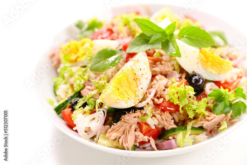 rice salad with egg,  tuna,  tomato and olive