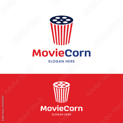 Pop Corn with Camera Reel Stripes Logo Design Template. Suitable for Cinematography Video Film Movie Production Studio Cinema Theater Industry Label in Simple Modern Hipster Logo Design.