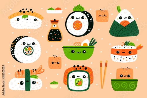 Funny Japanese food. Cute sushi characters. Kawaii rolls and salads. Asian cuisine. Tofu and soy sauce. Seaweed with rice. Salmon filling. Sashimi with happy faces. Garish vector set