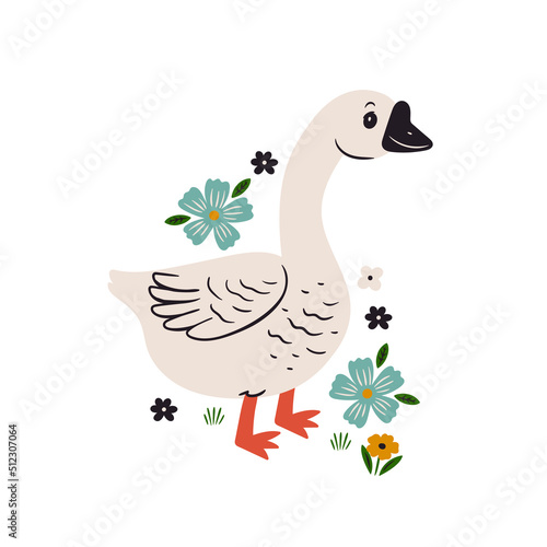 Cute goose and flowers isolated on white background. Vector graphics.