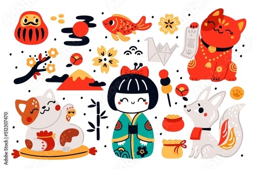 Japanese traditional lucky toys. Asian cultural symbols. Kokeshi doll. Kitsune and maneki neko cat. National cute mascots. Riches and welfare souvenirs. Sakura flower. Garish vector set photo
