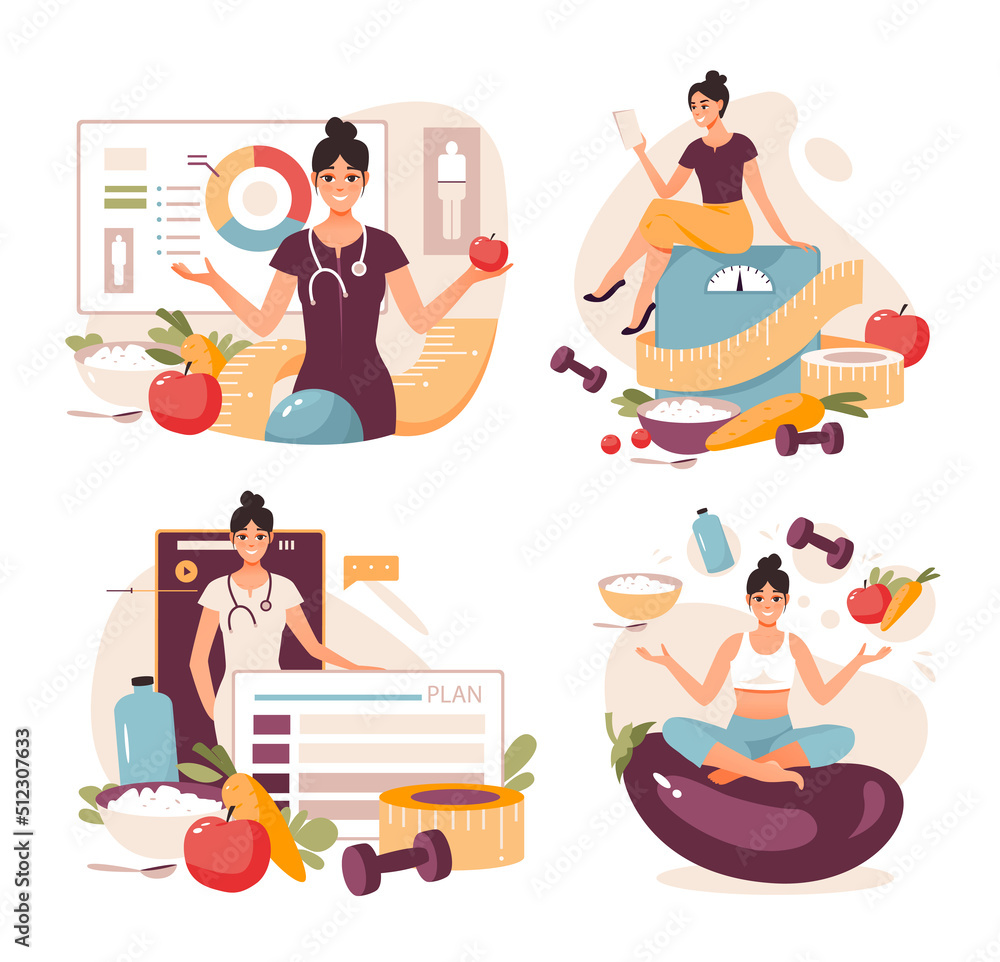 Nutritionist concept. Weight loss program and diet plan. Diet therapy with healthy food and physical activity. Flat vector illustration - obrazy, fototapety, plakaty 