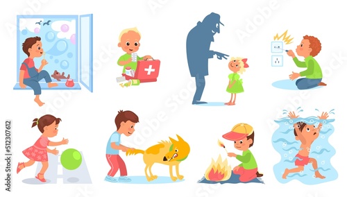Kids in dangerous situation. Children play with sharp, hot and poisoned objects. Danger to life and health. Risk baby. Drowning boys. Girls careless cross road. Splendid vector set