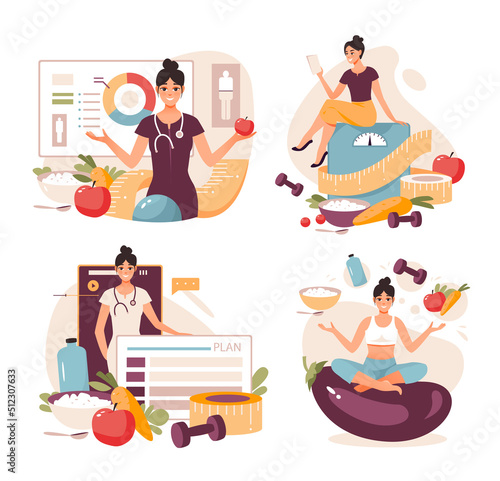 Nutritionist concept. Weight loss program and diet plan. Diet therapy with healthy food and physical activity. Flat vector illustration photo