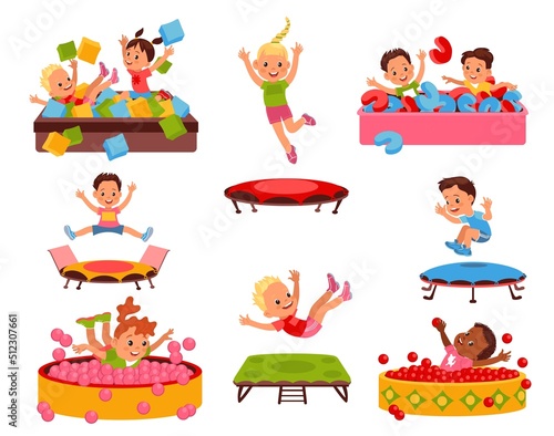 Kids soft pool. Happy children play with big color toy figure and jump on trampolines. Boys and girls in playground. Active joyful games. Bouncing little people. Splendid vector set