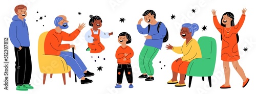 Laughing people. Cute children with adults giggling. Funny jokes. Happy smiling family. Excited men and women. Persons with positive emotion. Hilarious characters. Garish vector set