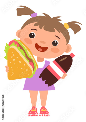 Little girl with sandwich and sweet drink bottle. Happy cartoon kid