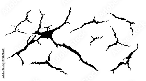 Ground cracks set. Earthquake and ground cracks, hole effect, craquelure and damaged wall texture. Vector for topics earthquake, crash, destruction.