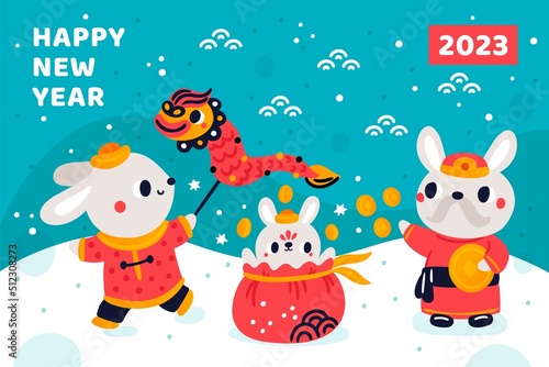 New year rabbits. 2023 winter celebration. Chinese bunnies with dragon. Asian culture. Holiday greeting poster. Traditional zodiac symbols. Cute hares in red costumes. Garish vector card