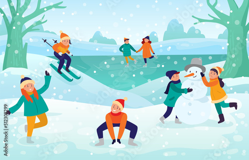 Winter kids activities snow fight and ski