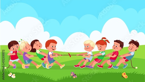 Tug of war. Funny children on nature pulling rope. Friends play outdoor. Sports gaming activity. Group competition. Boys and girls fun battle. Teams contest. Splendid vector concept