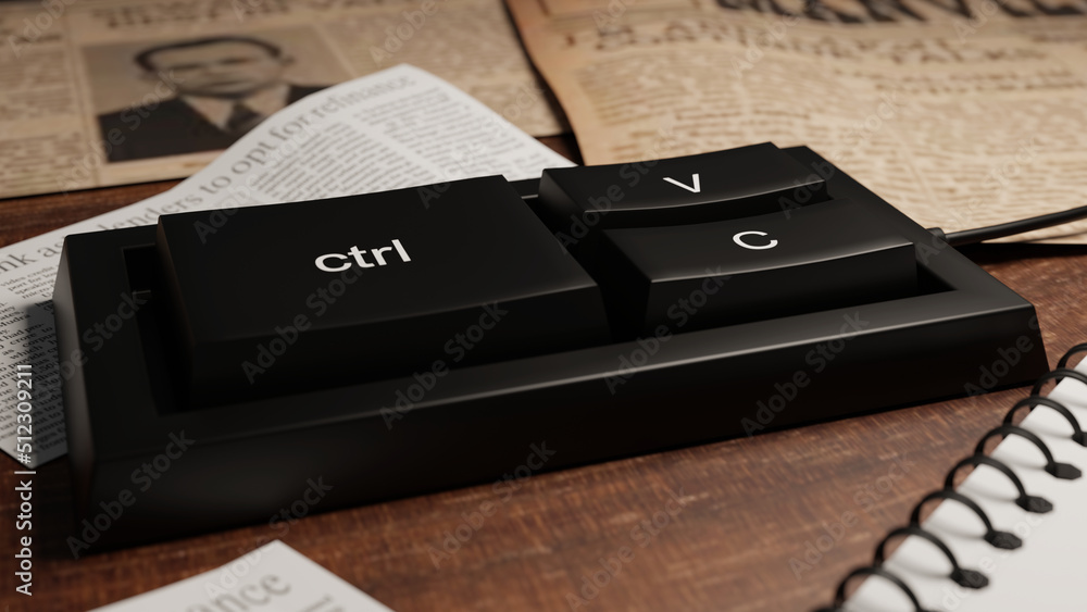 Keyboard to copy paste digital contents for the purpose of stealing others work. Plagiarism concept. 3D rendering illustration. Keyboard to copy paste digital contents for the purpose of stealing others work. Plagiarism concept. 3D rendering illustration.